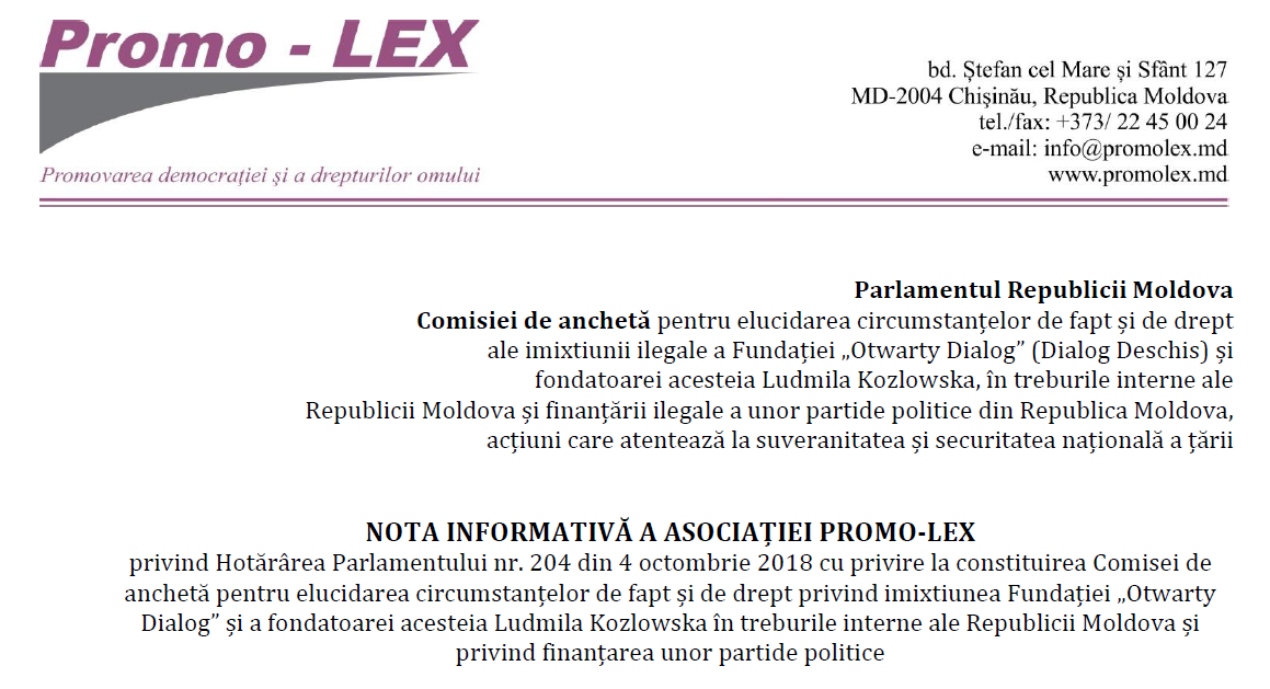 Poziția Promo-LEX privind anchetarea imixtiunii Fundației „Otwarty Dialog”  în treburile interne ale Republicii Moldova și finanțarea unor partide politice